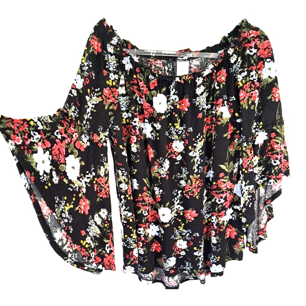 Floral Blouse Women's‎ M 8-10 Bell Sleeves Romantic Y2K Cottage Asymmetrical Hem